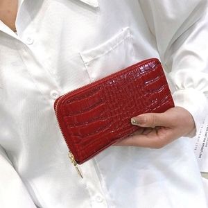 Red croc embossed patent faux leather long Card wallet